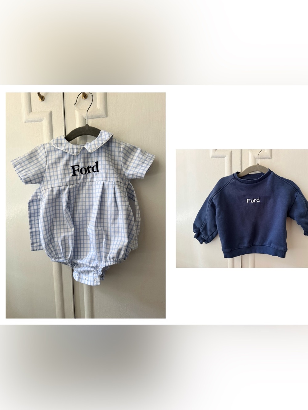 Embroidered “Ford” Blue Gingham Baby Bubble and Navy Zara Sweatshirt